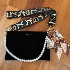 Gucci Beauty black velvet pouch clutch with straps & extras